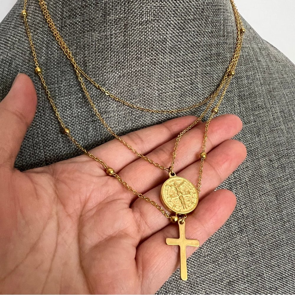 Three Layer Cross Necklace Gold Plated Layered Cross Necklace Stainless Steel